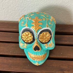 Heavy cement/ceramic Hand painted teal and gold skull
